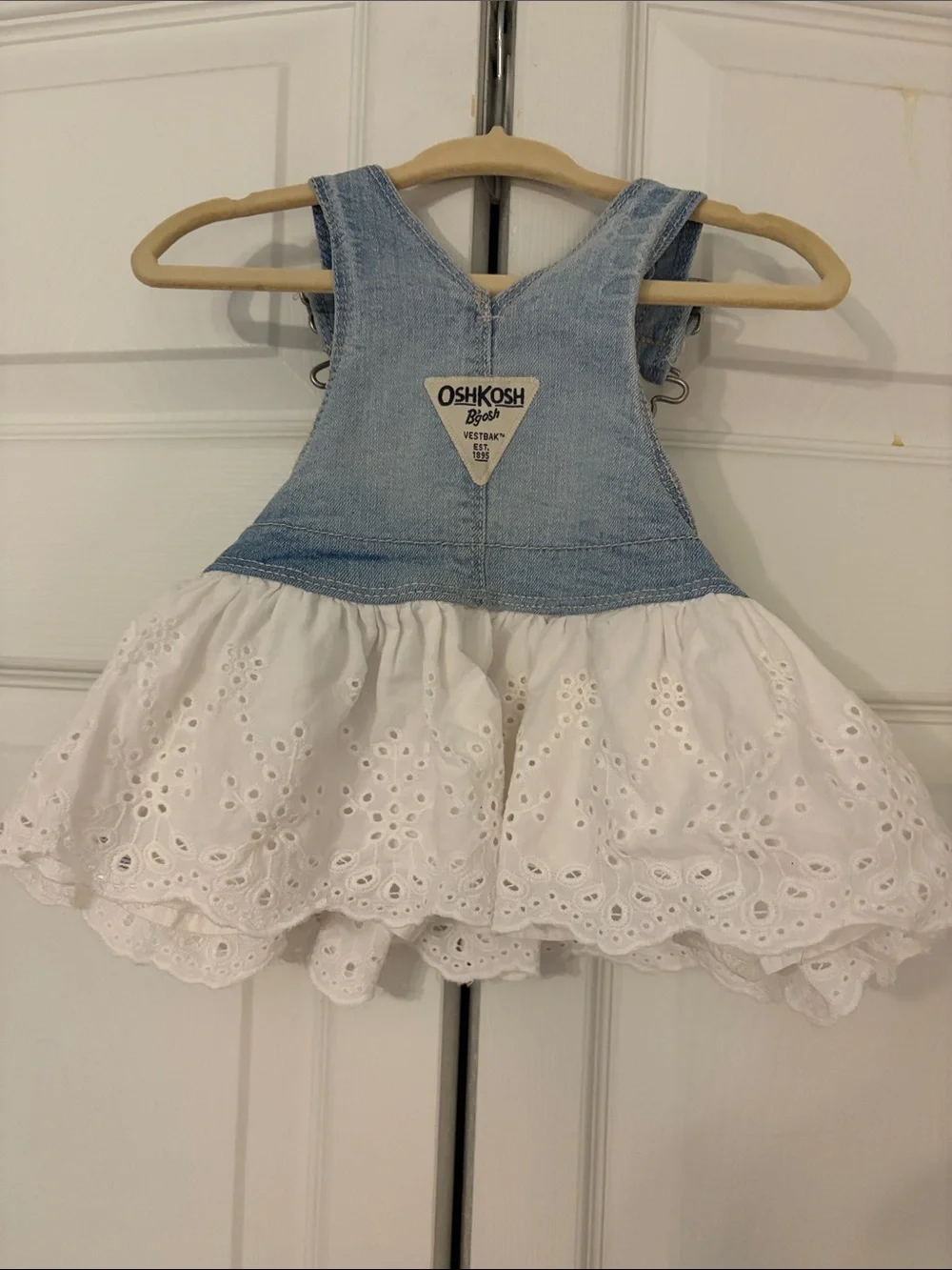 OshKosh B'gosh Denim Overall Dress Light Blue and White Eyelet Ruffles 6 Months